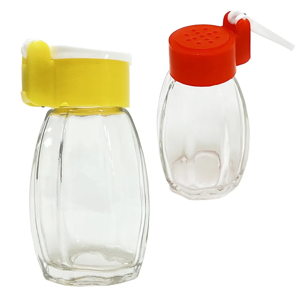 4 Salt & Pepper Shakers Glass Storage Bottles Flip Lids Kitchen Spice Containers