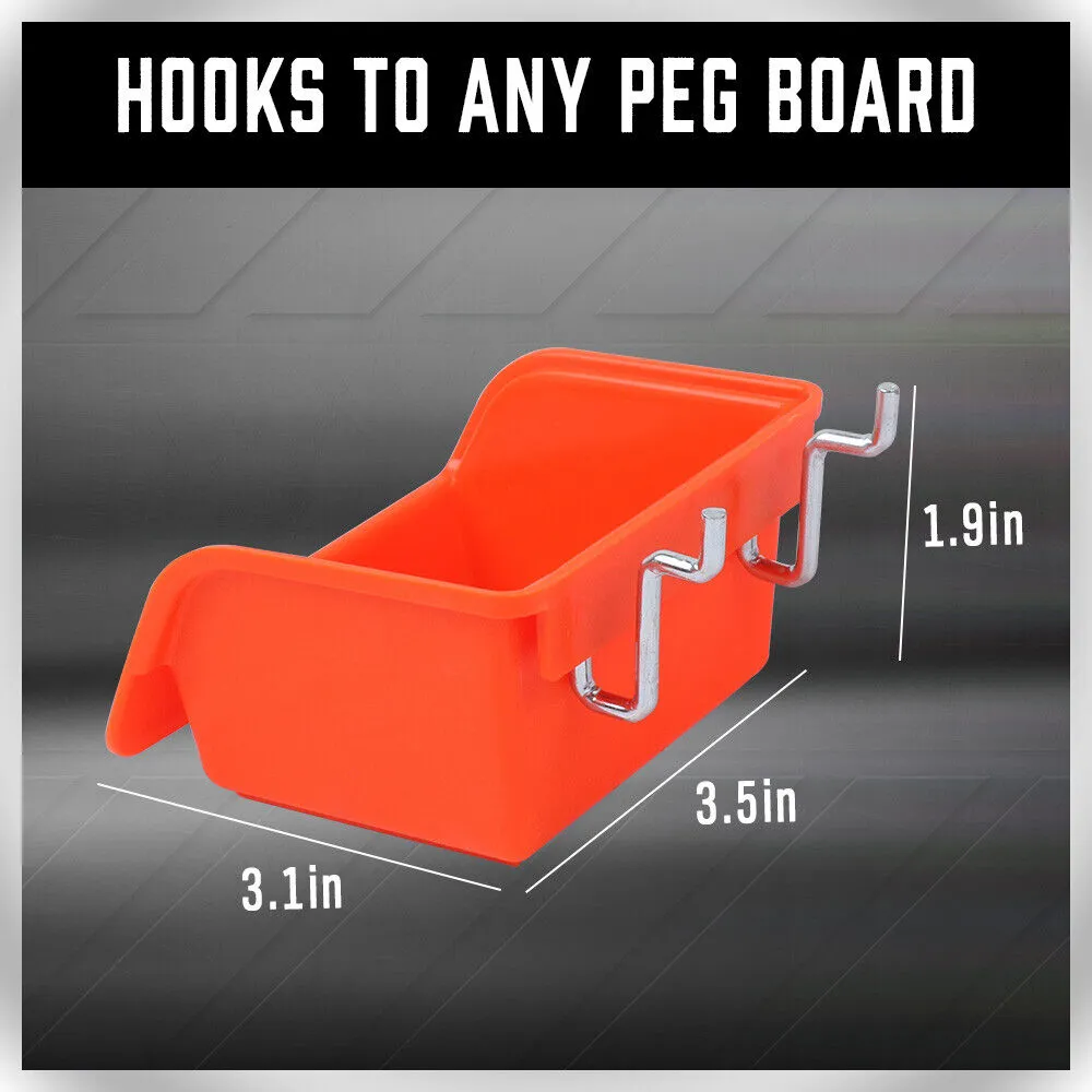 6-Piece Pegboard Bins with Steel Hooks | Peg Board Parts Storage Tray Organizer