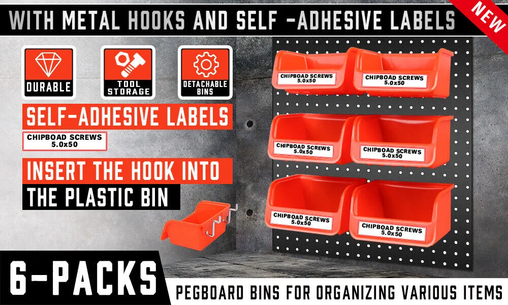 6-Piece Pegboard Bins with Steel Hooks | Peg Board Parts Storage Tray Organizer