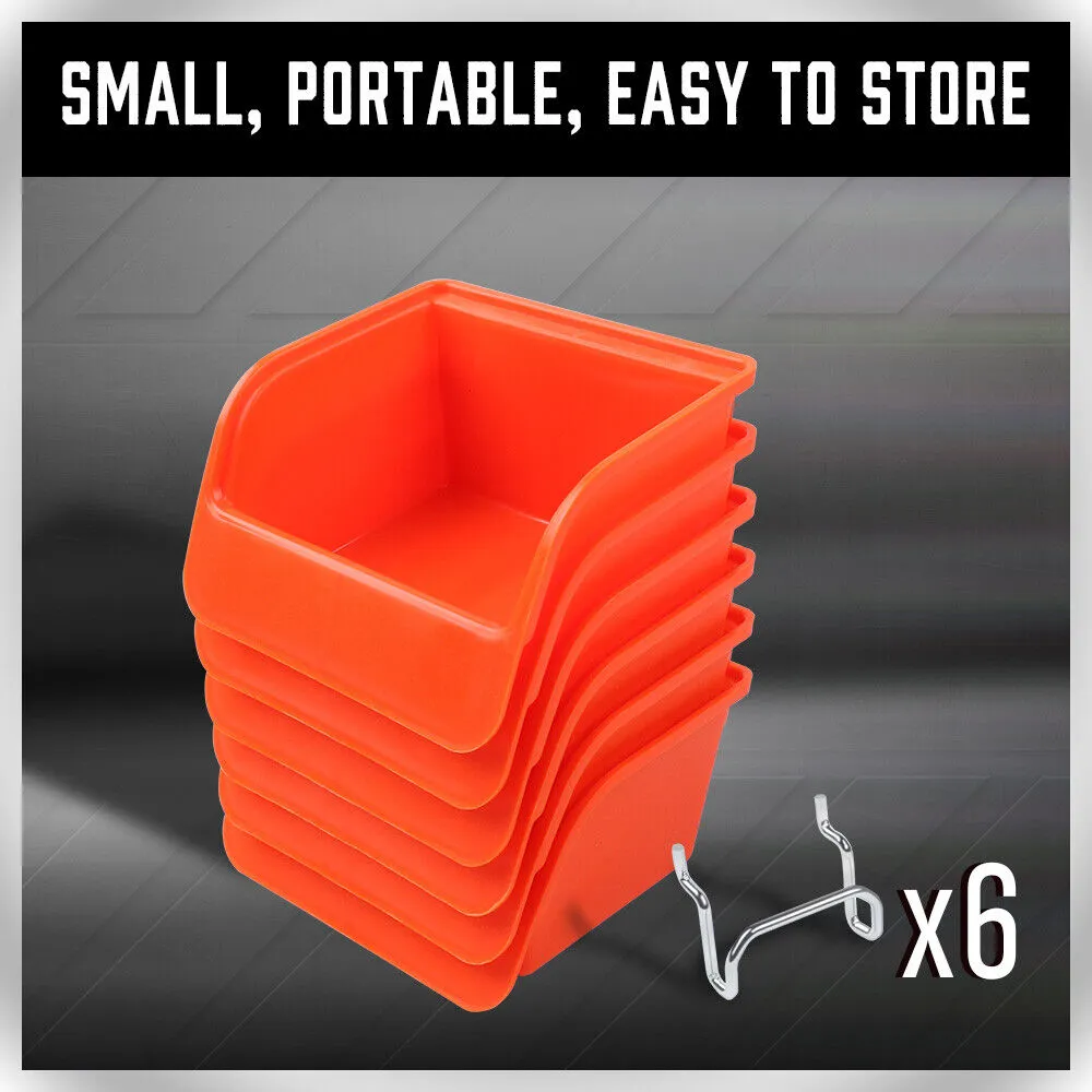 6-Piece Pegboard Bins with Steel Hooks | Peg Board Parts Storage Tray Organizer