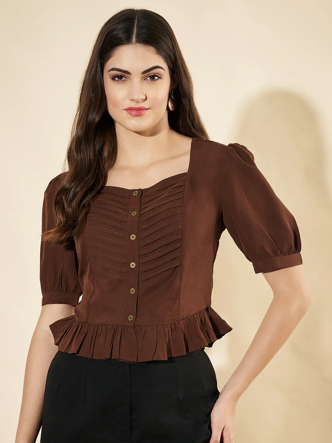 Casual Puff Sleeves Solid Brown Top