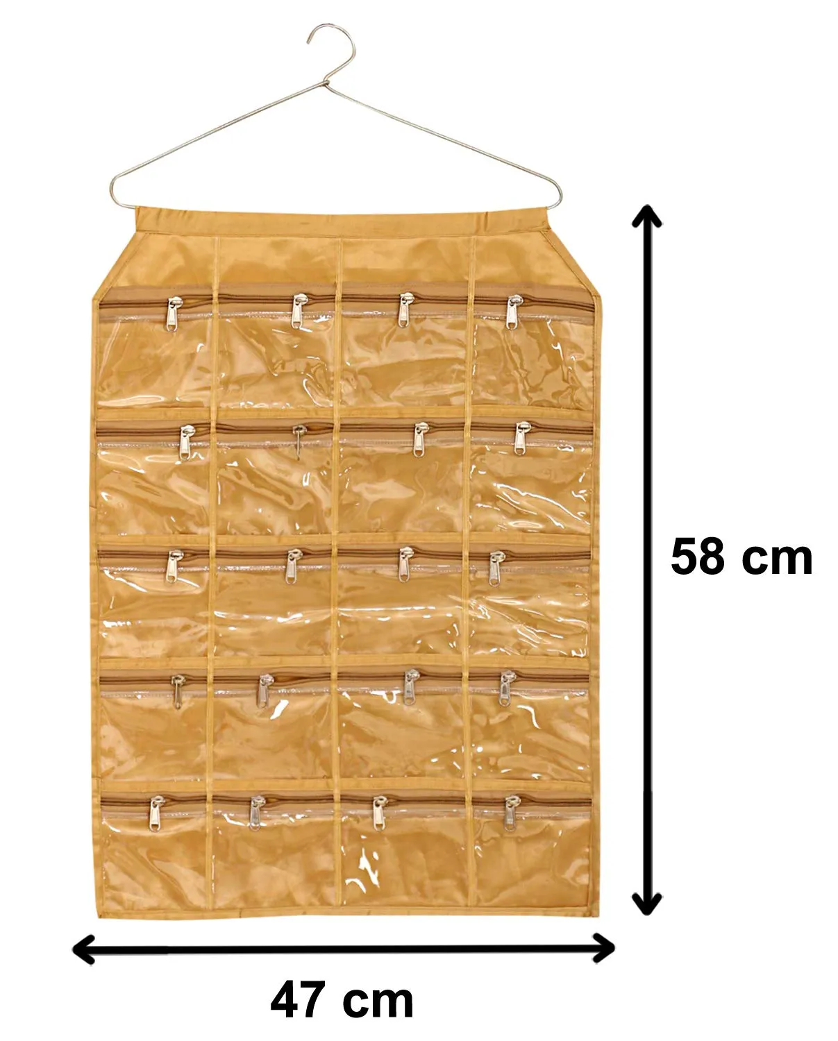 Kuber Industries Satin Jewellery Organizer With 20 Zipper Pockets With Hanger, Gold (F_26_KUBMART016961)