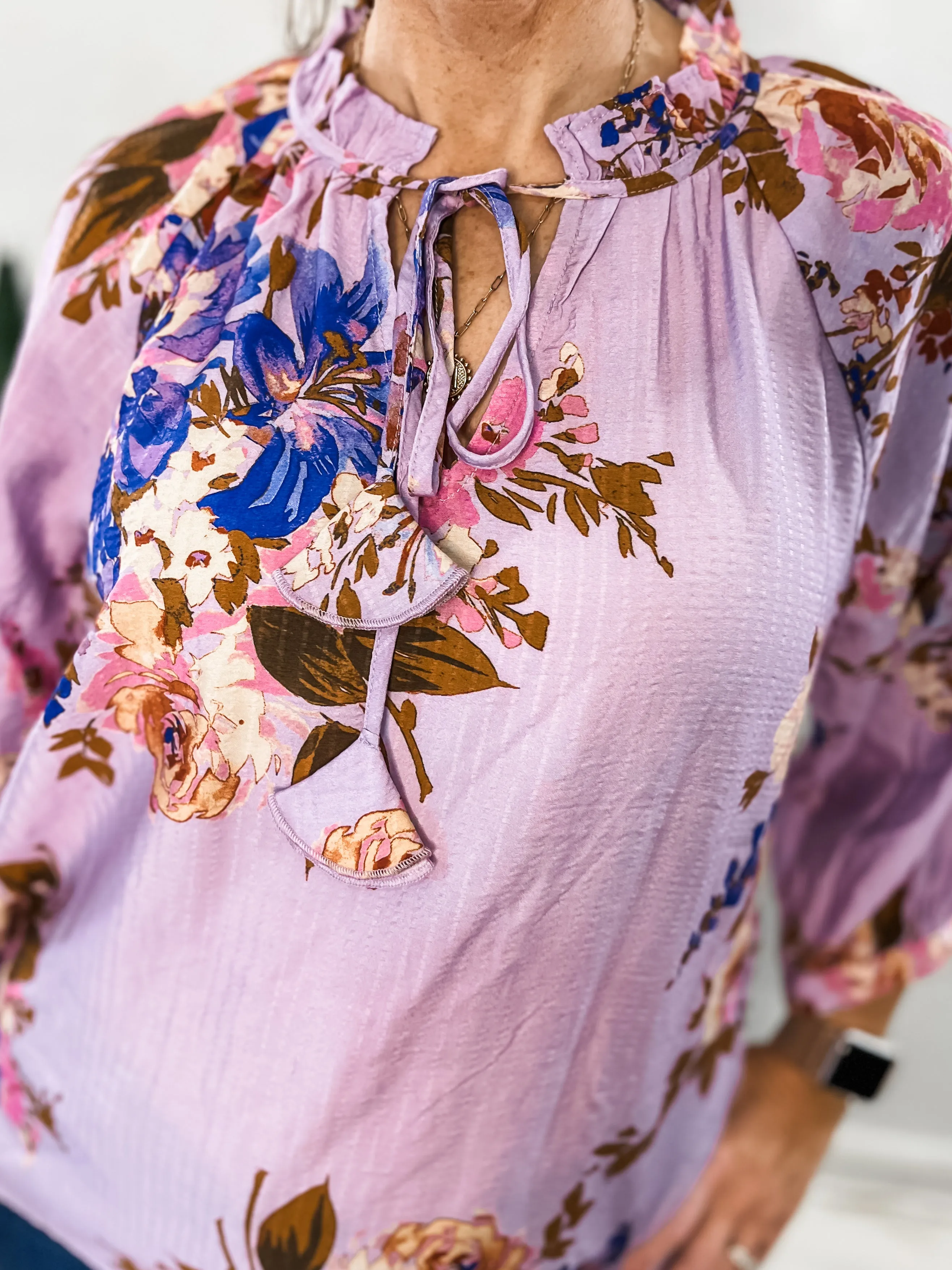 Lavender Floral Front Tie Blouse