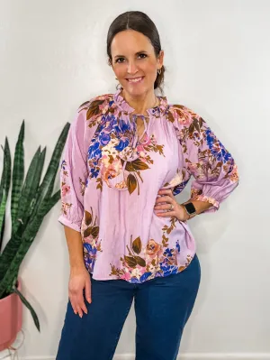 Lavender Floral Front Tie Blouse