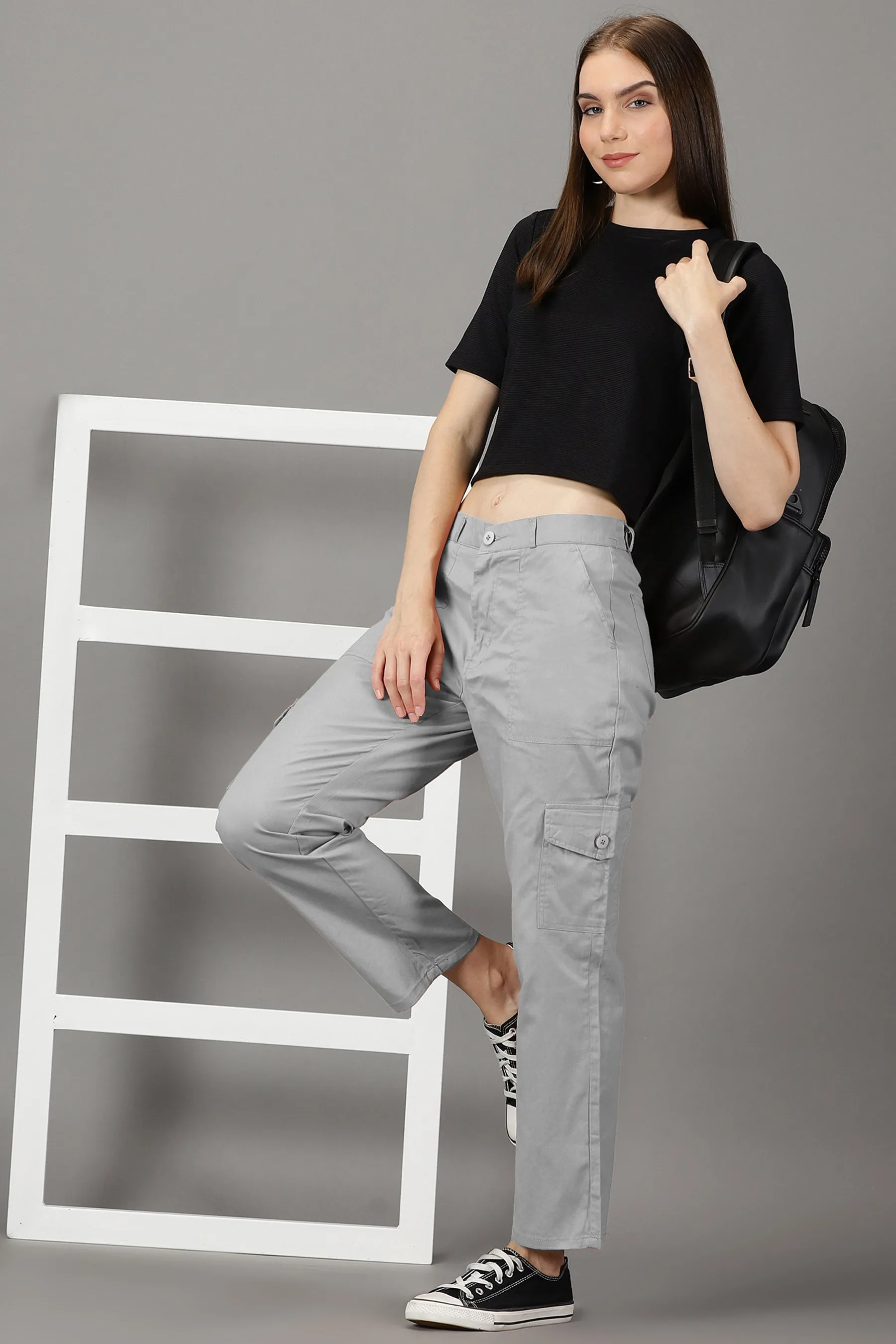 Light Grey Cotton 6 Pocket Cargo Pants