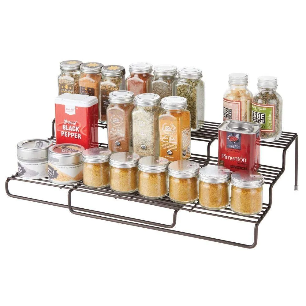 mDesign Adjustable, Expandable Kitchen Wire Metal Storage Cabinet, Cupboard, Food Pantry, Shelf Organizer Spice Bottle Rack Holder - 3 Level Storage - Up to 19.5" Wide - Bronze