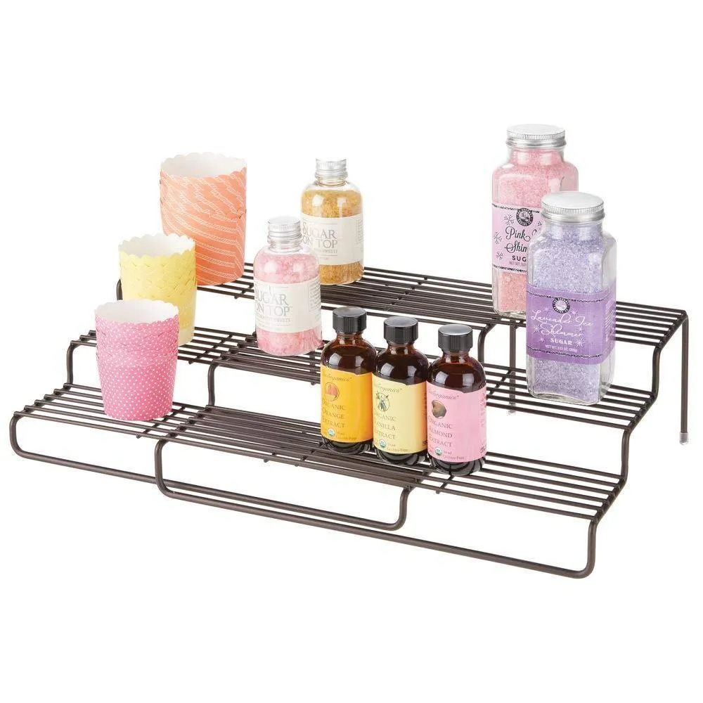 mDesign Adjustable, Expandable Kitchen Wire Metal Storage Cabinet, Cupboard, Food Pantry, Shelf Organizer Spice Bottle Rack Holder - 3 Level Storage - Up to 19.5" Wide - Bronze
