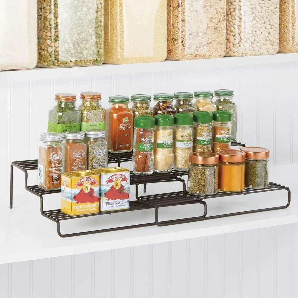 mDesign Adjustable, Expandable Kitchen Wire Metal Storage Cabinet, Cupboard, Food Pantry, Shelf Organizer Spice Bottle Rack Holder - 3 Level Storage - Up to 19.5" Wide - Bronze