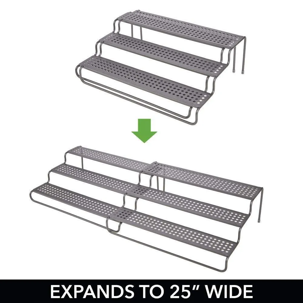 mDesign Adjustable, Expandable Kitchen Wire Metal Storage Cabinet, Cupboard, Food Pantry, Shelf Organizer Spice Bottle Rack Holder - 3 Level Storage - Up to 25" Wide, 2 Pack - Graphite Gray