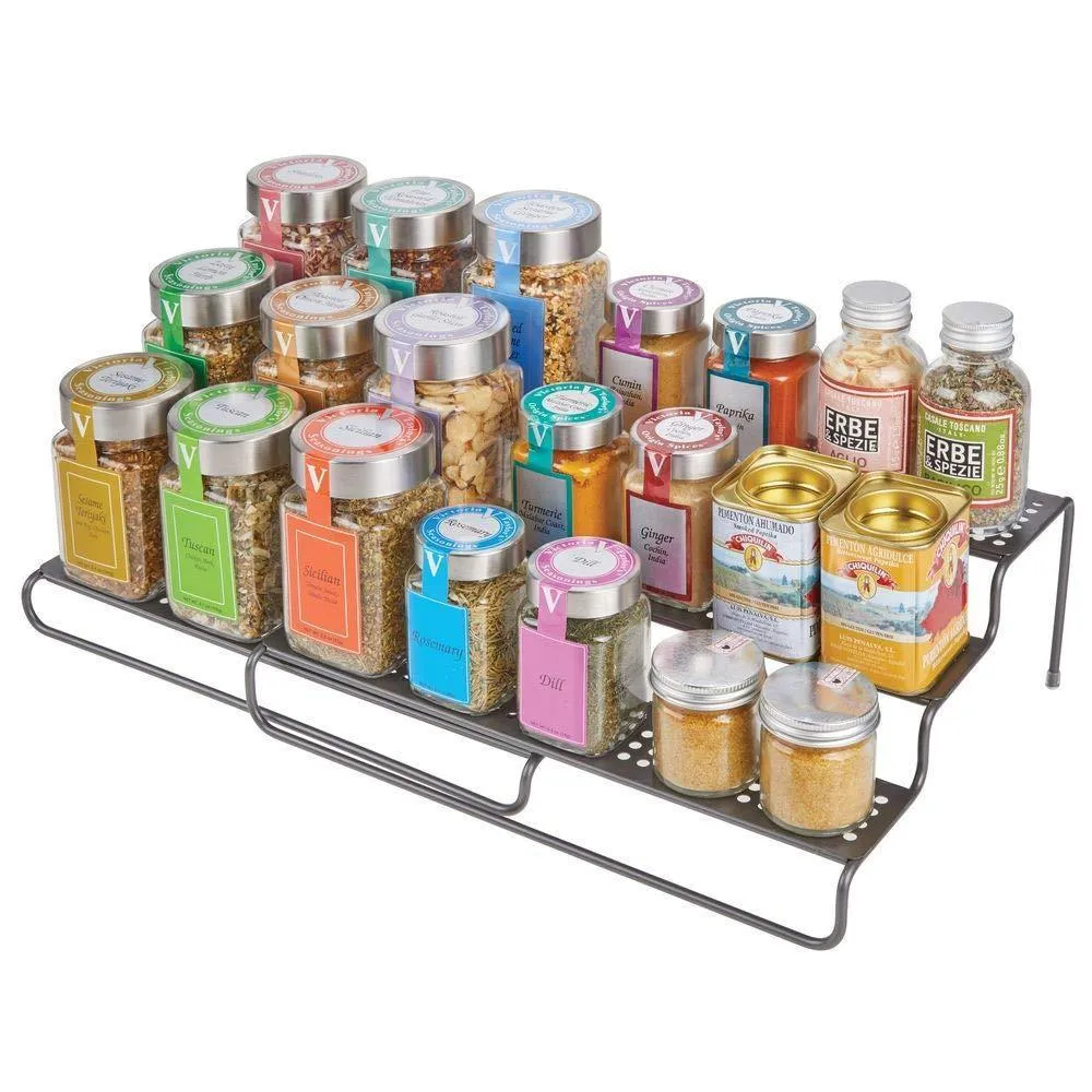 mDesign Adjustable, Expandable Kitchen Wire Metal Storage Cabinet, Cupboard, Food Pantry, Shelf Organizer Spice Bottle Rack Holder - 3 Level Storage - Up to 25" Wide, 2 Pack - Graphite Gray
