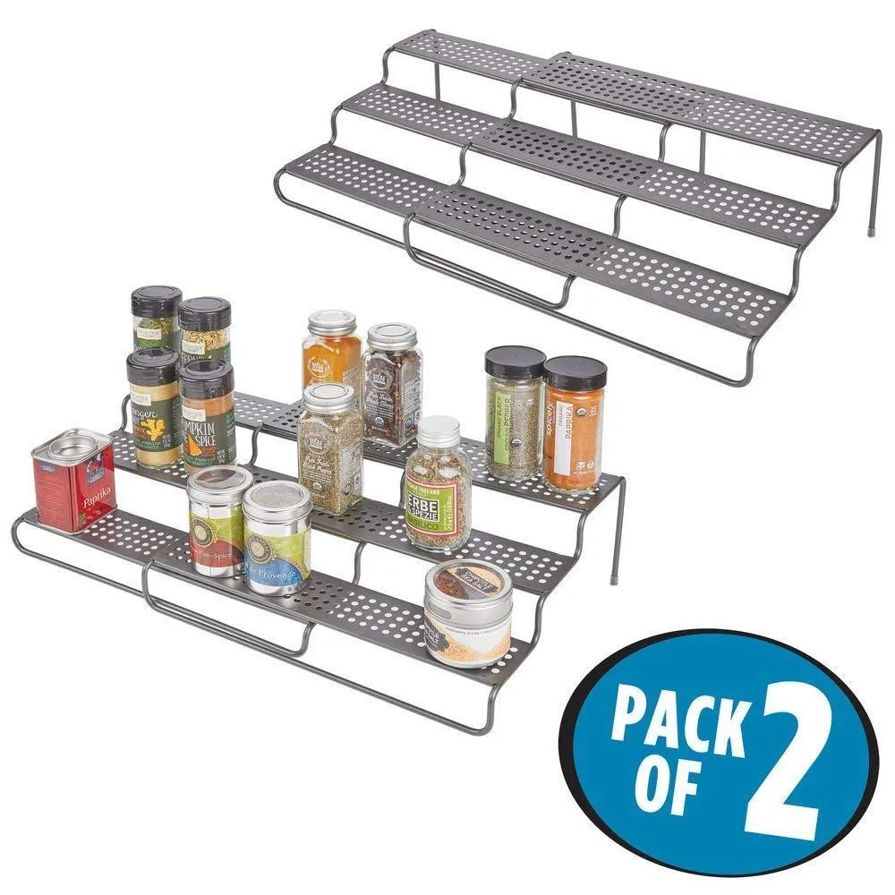 mDesign Adjustable, Expandable Kitchen Wire Metal Storage Cabinet, Cupboard, Food Pantry, Shelf Organizer Spice Bottle Rack Holder - 3 Level Storage - Up to 25" Wide, 2 Pack - Graphite Gray