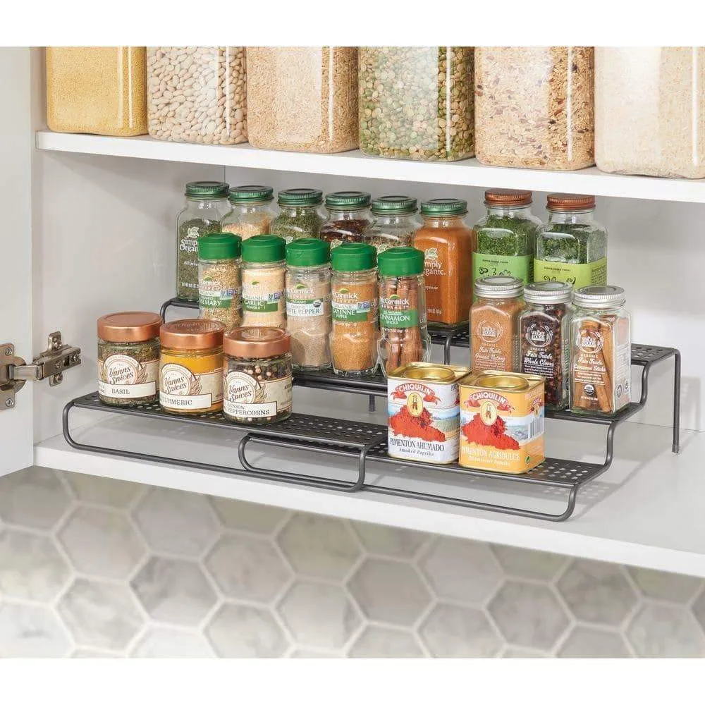 mDesign Adjustable, Expandable Kitchen Wire Metal Storage Cabinet, Cupboard, Food Pantry, Shelf Organizer Spice Bottle Rack Holder - 3 Level Storage - Up to 25" Wide, 2 Pack - Graphite Gray