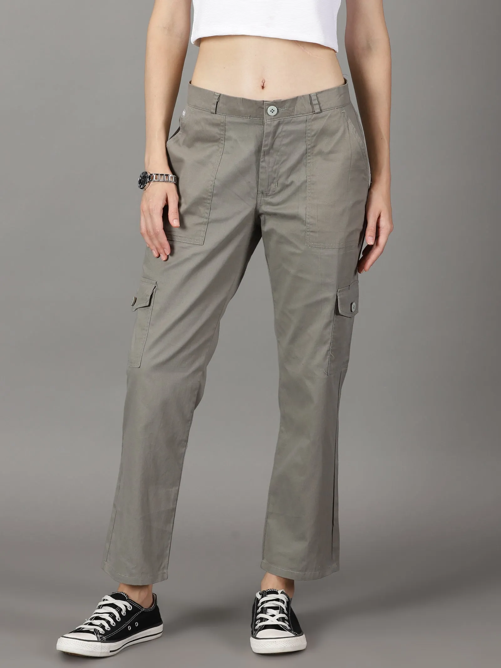 Olive Grey Cotton 6 Pocket Cargo Pants