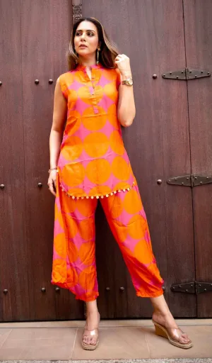 Pink & Orange Sleeveless Set with Flowy Pants