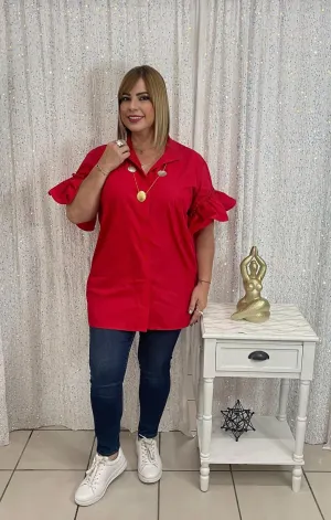 Plus red top with ruffles on the sleeve