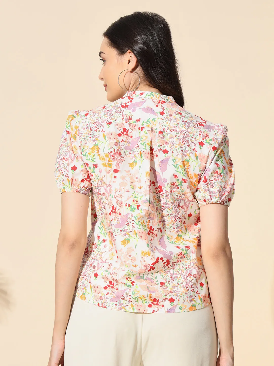 Printed Cotton Poplin Top With Puff Sleeve