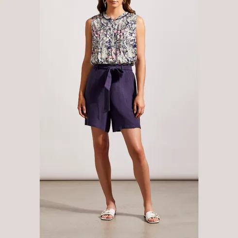 Tribal Jeans - Printed Blouse w/ Embroidered Pom pom Hem - Very Peri