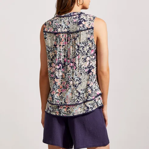 Tribal Jeans - Printed Blouse w/ Embroidered Pom pom Hem - Very Peri