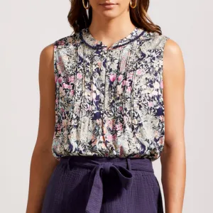 Tribal Jeans - Printed Blouse w/ Embroidered Pom pom Hem - Very Peri