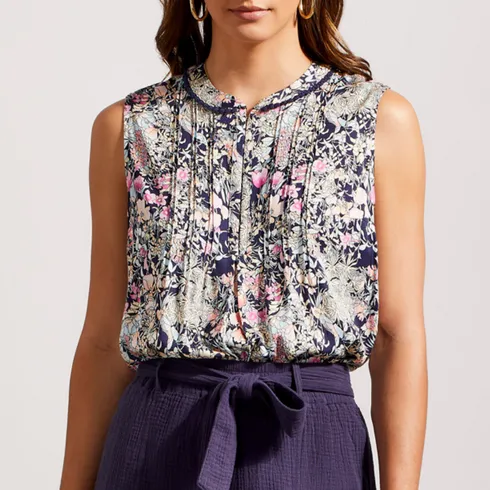 Tribal Jeans - Printed Blouse w/ Embroidered Pom pom Hem - Very Peri