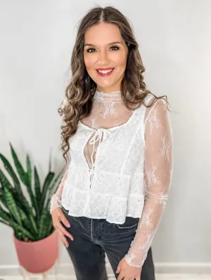 White Eyelet Tie Front Blouse