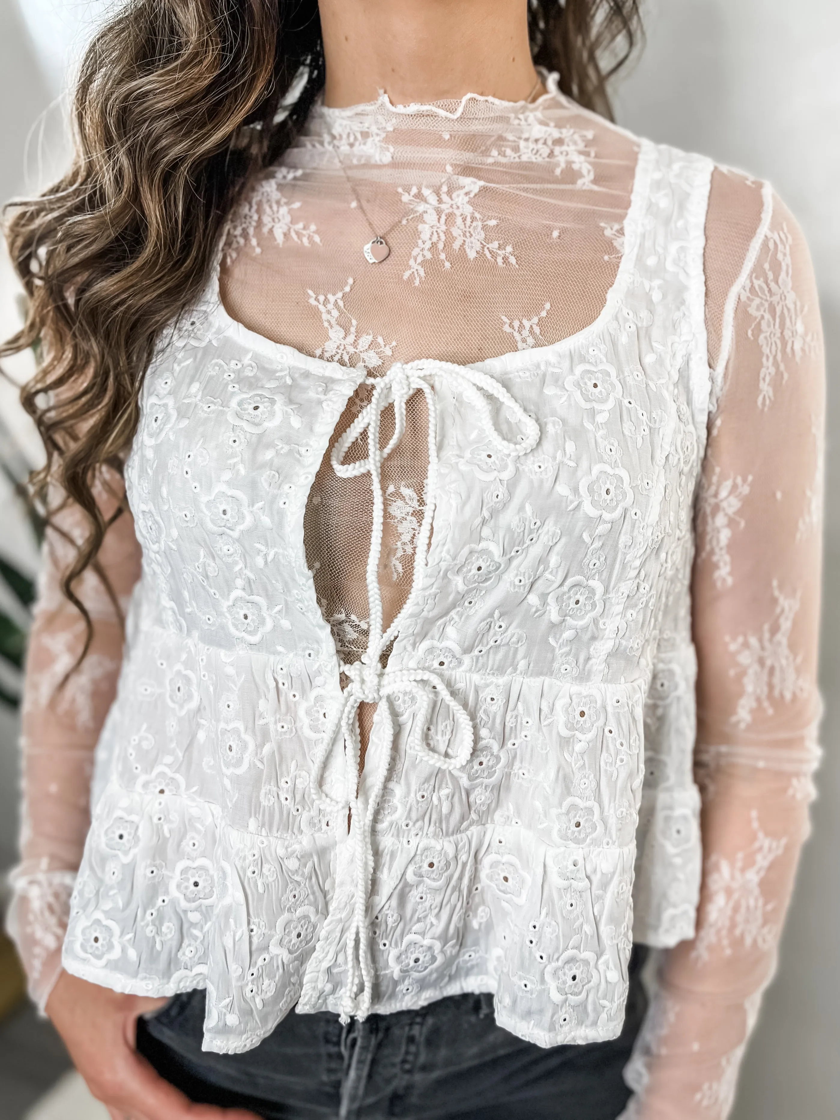 White Eyelet Tie Front Blouse
