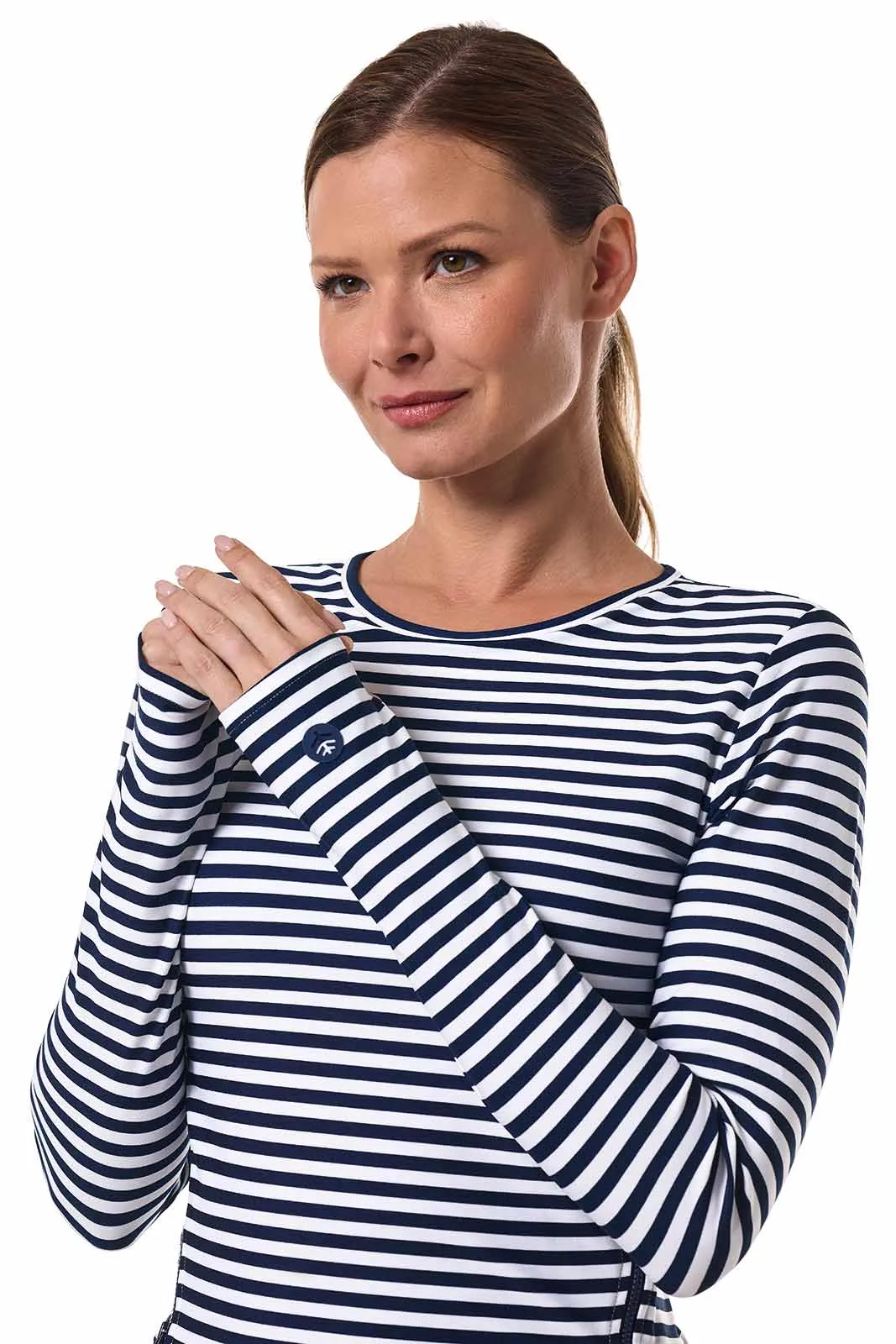 Women's Bayfront Rash Guard Bra Top  | White/Navy Stripe